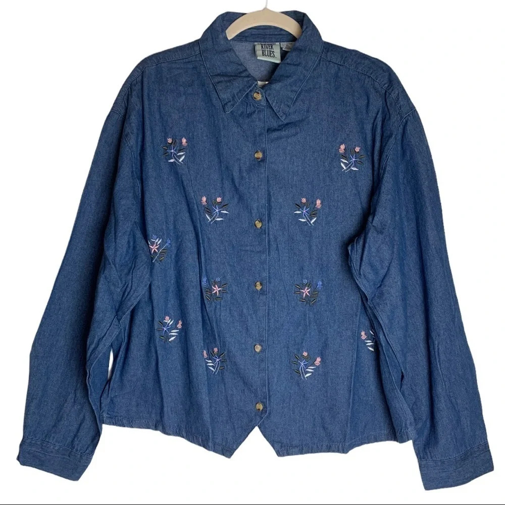 Vintage Mississippi River  Blues Western Cottage Core Denim Button Front Size 2X - Picture 2 of 11